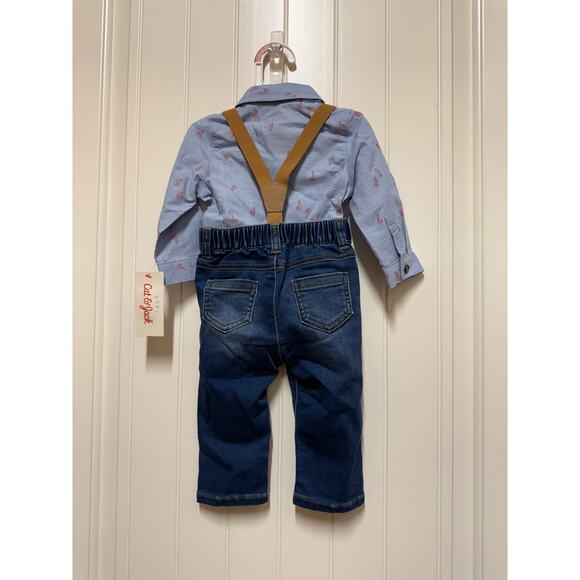 NWT Cat & Jack outfit Jeans Suspenders bow tie & candy cane jean shirt 6-9 M - Picture 3 of 4